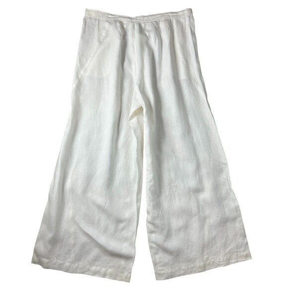 Debra DeRoo Wht Pleated Super Wide Leg Linen Pant Size L Beachy Breezy Flowy - Picture 2 of 13